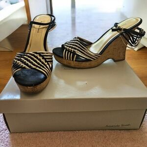 Amanda Smith Black and Tan Wedge Sandals Size 7.5